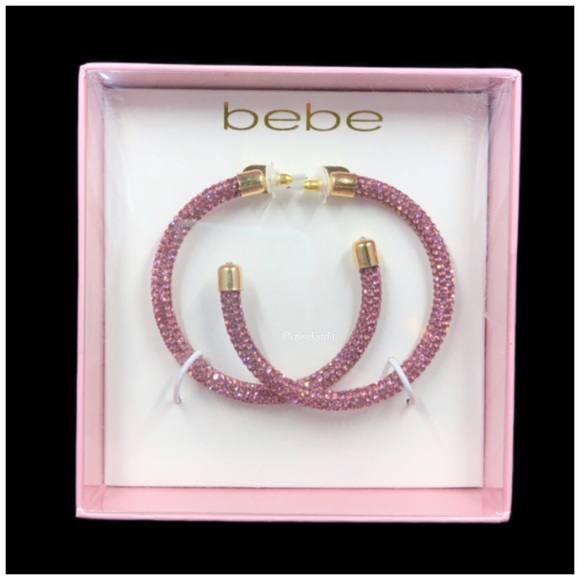 bebe Pink Rhinestone Studded Hoop Earrings - Picture 4 of 10